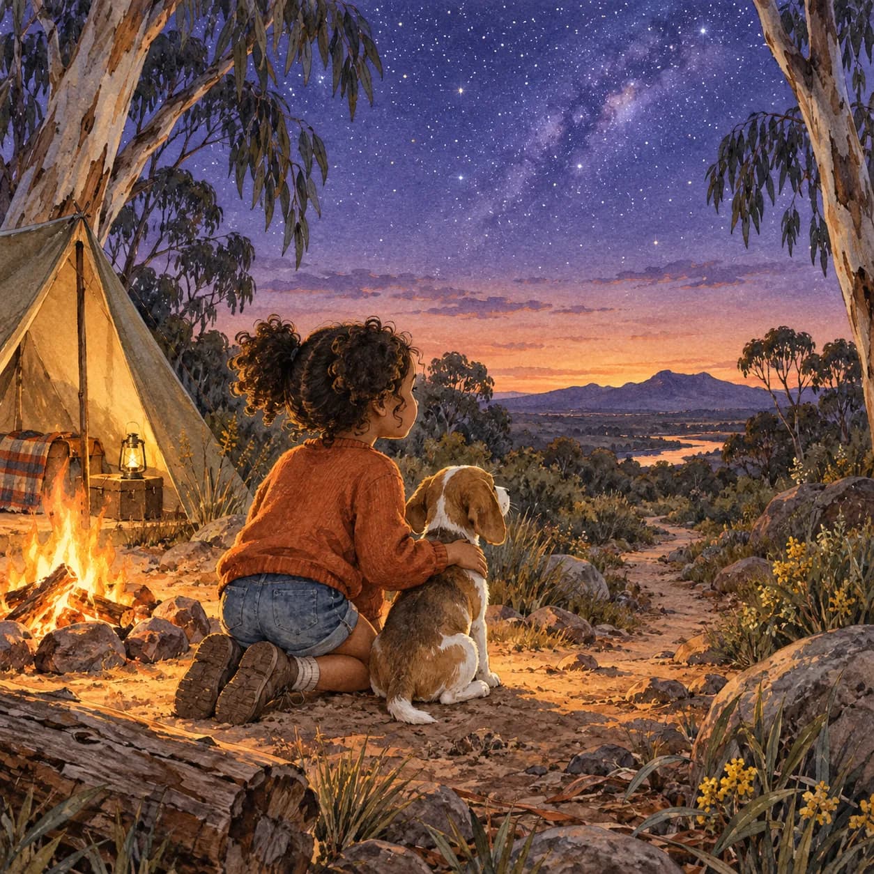 Watercolour illustration of a child and beagle beside a campfire beneath the stars