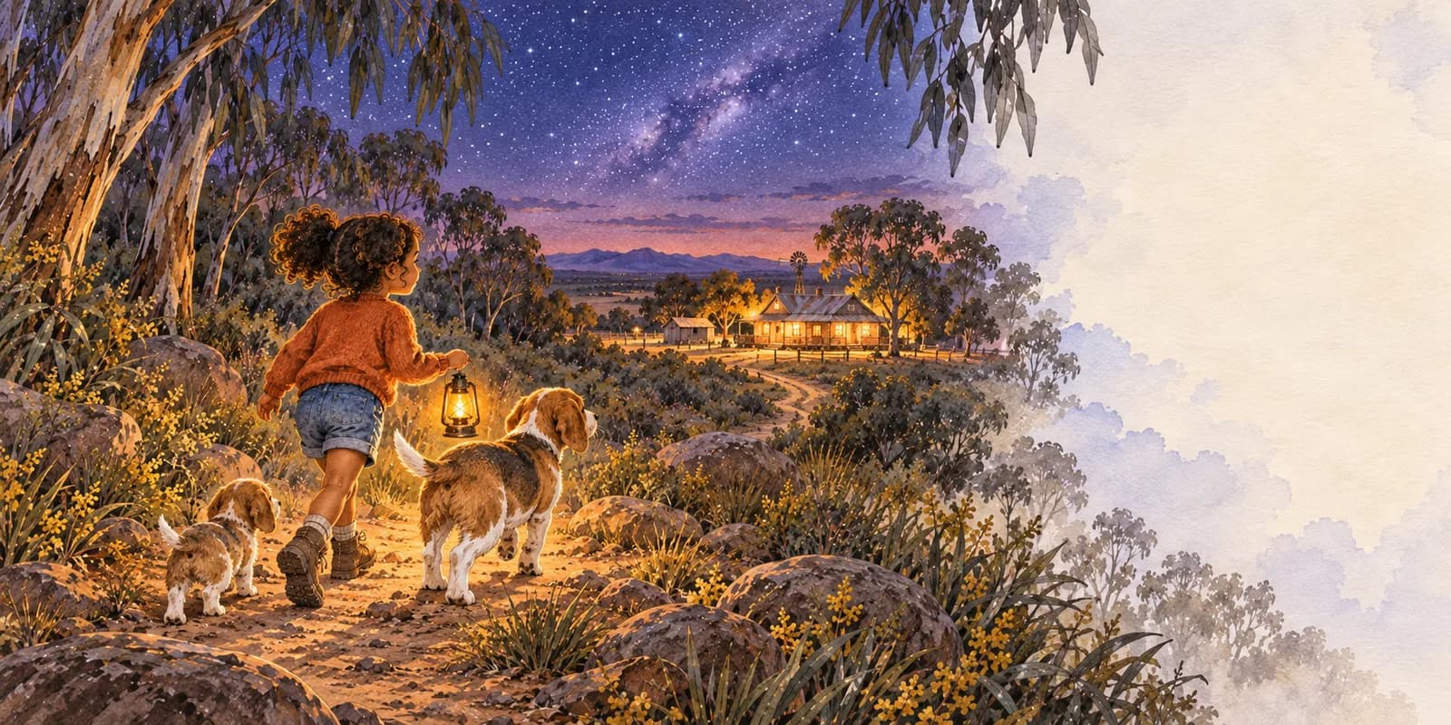 The child leads two dogs along a starlit path toward a warmly lit home